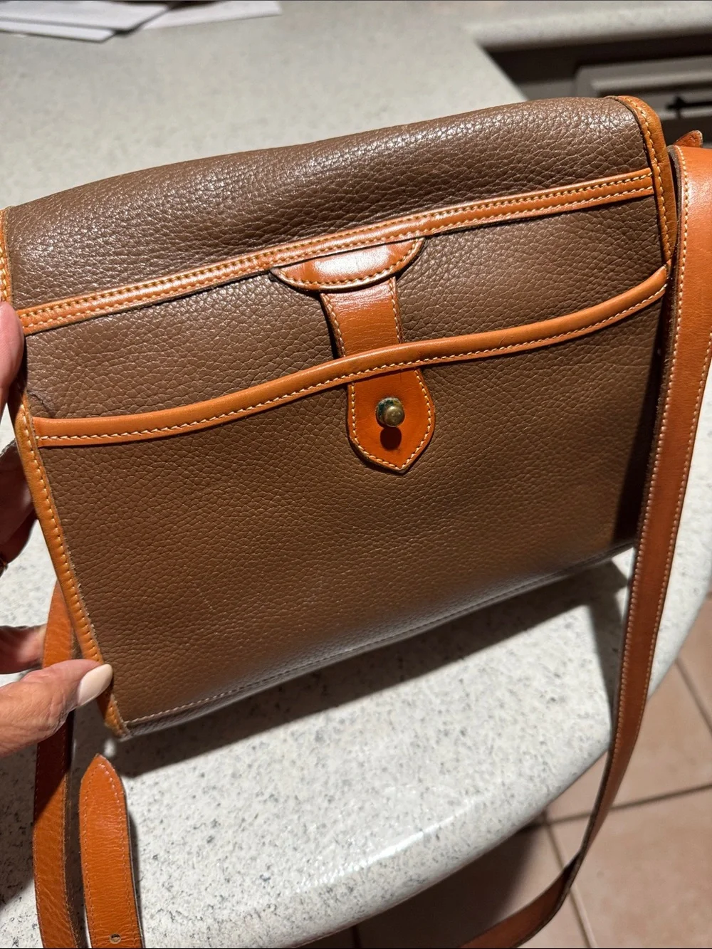Dooney & Bourke Brown Pebbled Leather Messenger with Tan Trim